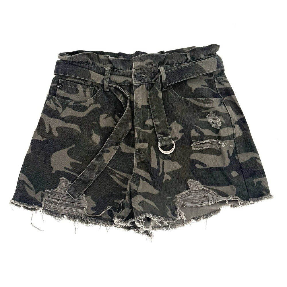 Kancan Camo Distressed Women's XL Shorts Belt Ruffle Top High Rise Tie Green